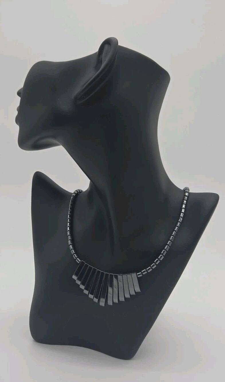 Hematite Beaded Bib Necklace Gray Round Beads with Silver-Tone Fan Pendant